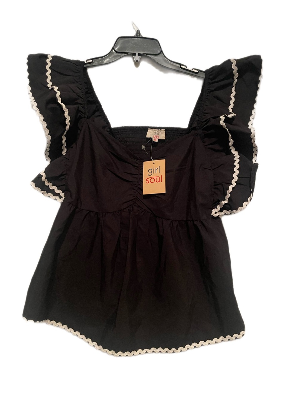 Girl Soul Black Square Neck Blouse with Cream Rickrack Trim